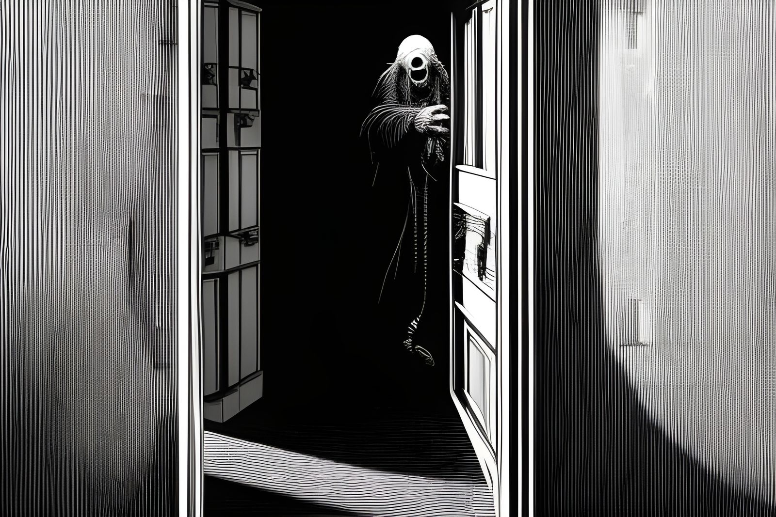 Eerie Monster Peeking from Closet in Dark Horror Style