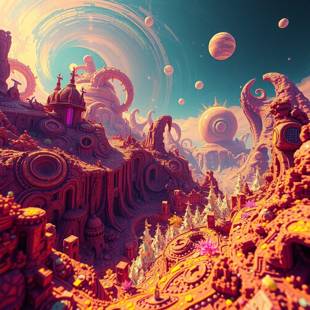 Futuristic Glitch Art Landscape in Vibrant, Distorted Colors