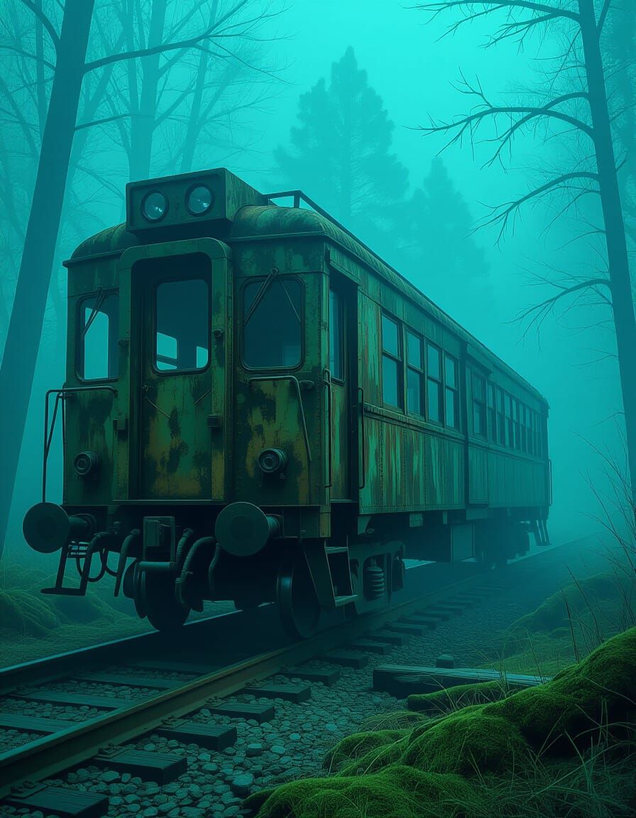 Abandoned Train Car in Eerie Bioluminescent Glow
