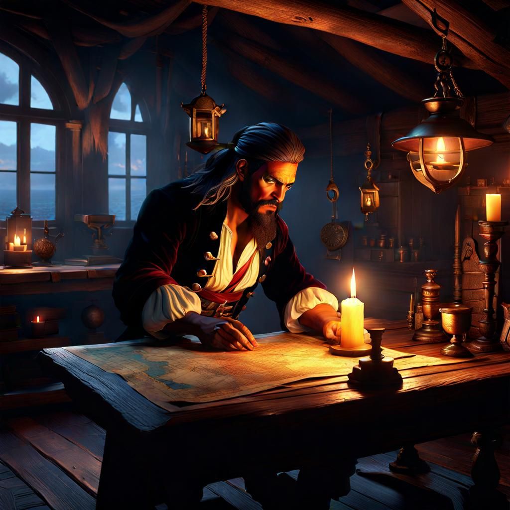 Pirate Study of Treasure Map in Candlelight