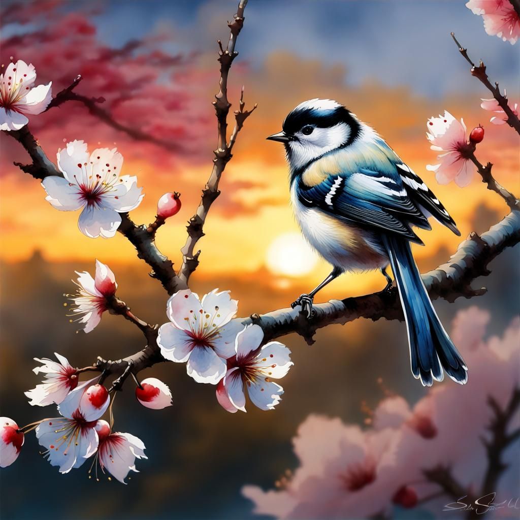 Long-Tailed Tit on Cherry Branch in Watercolor