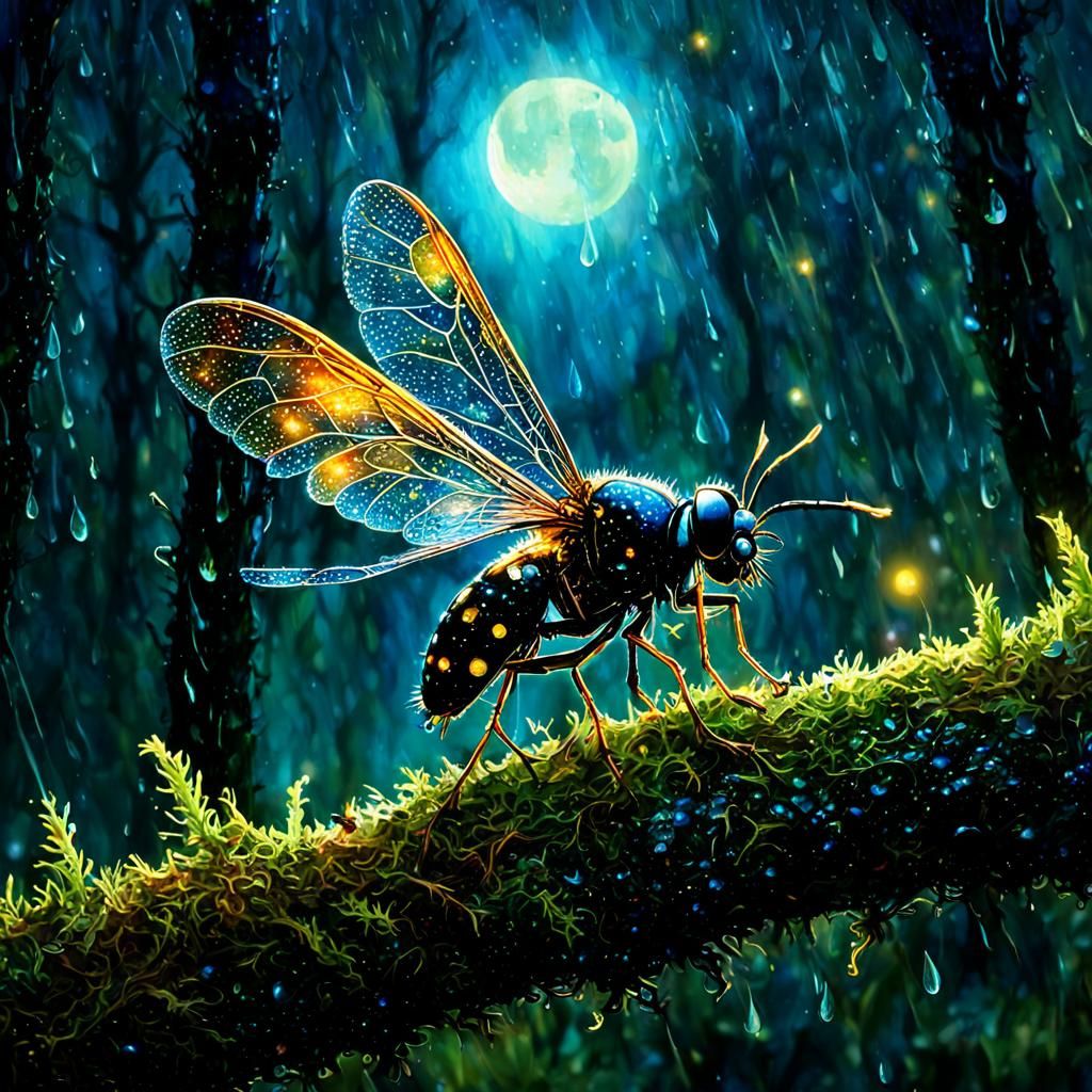 Firefly on Moss Branch in Wet-on-Wet Watercolor