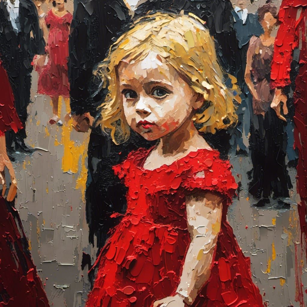 Toddler in Red Dress, Impressionist Mixed Media