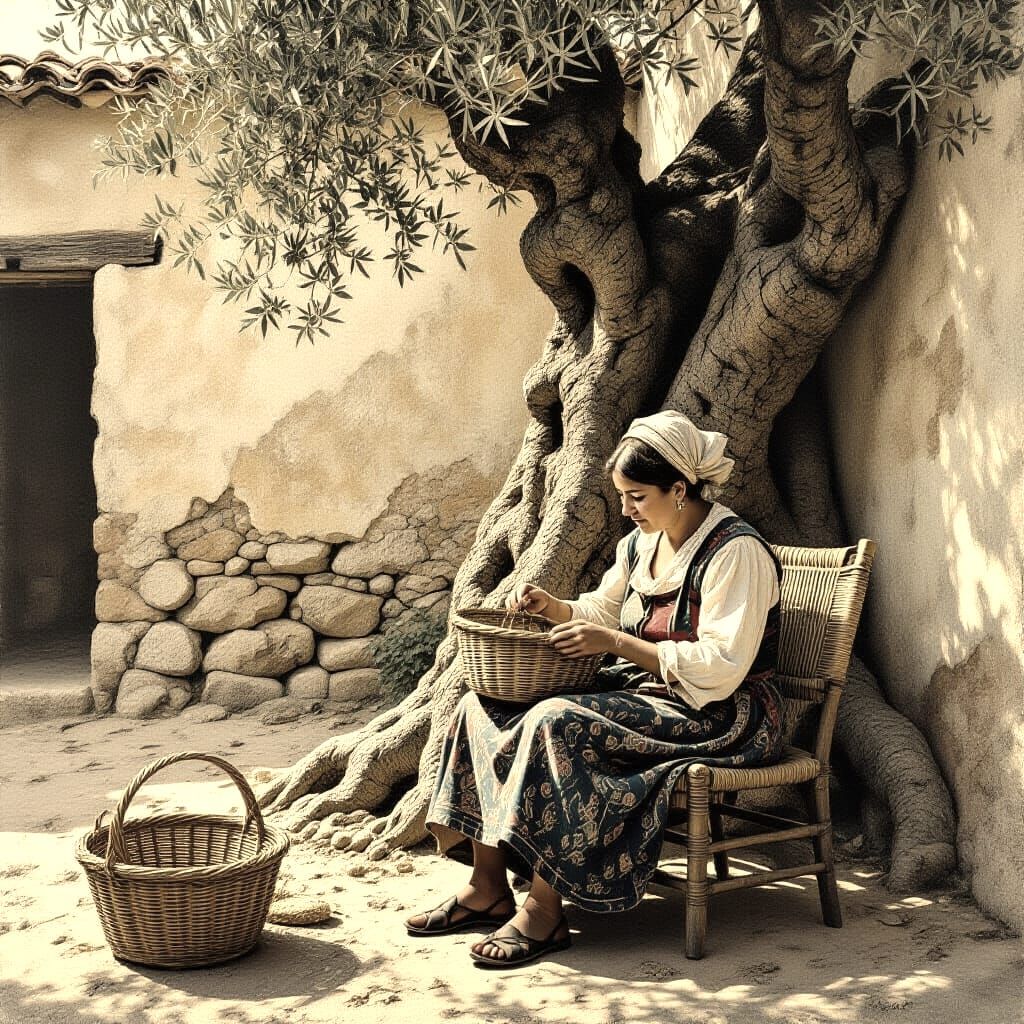 Sepia Photo of Peasant Woman Weaving Basket