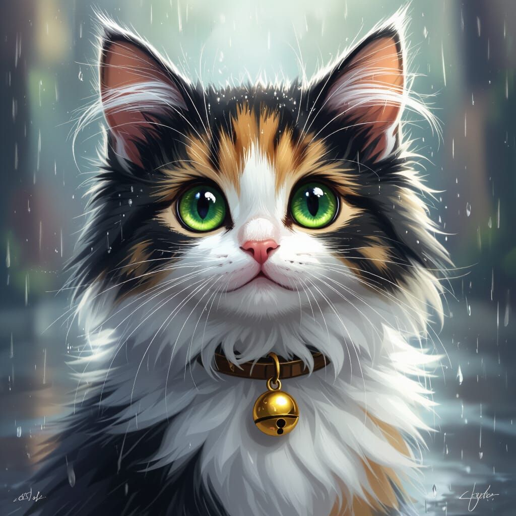 Fluffy Calico Cat Portrait with Golden Collar in Fantasy Sty...