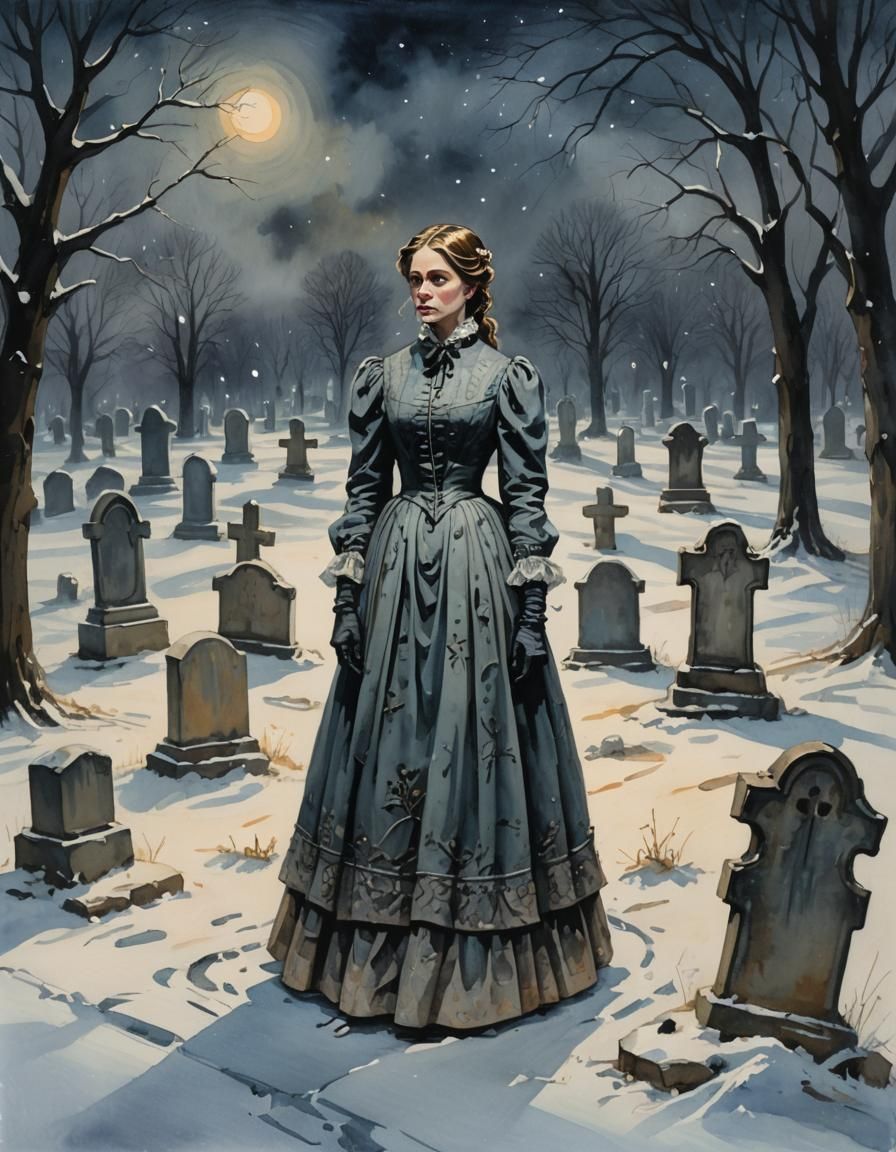 Victorian Ghost in Haunted Graveyard as Impasto Painting