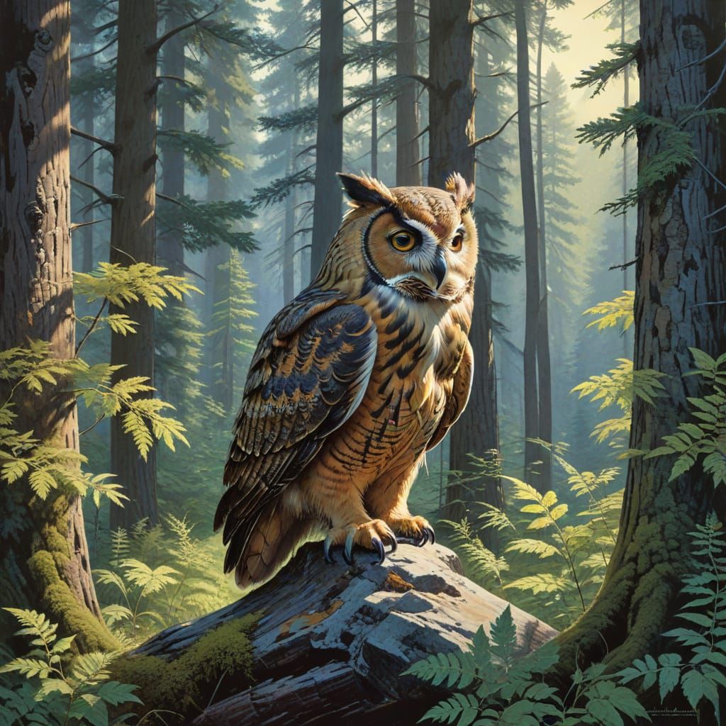 Owl and Owlbear Forest in Lithographic Style