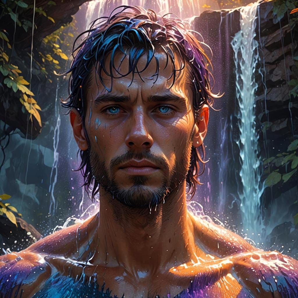 Ethereal Man Under Glittery Waterfall: Fantasy Art