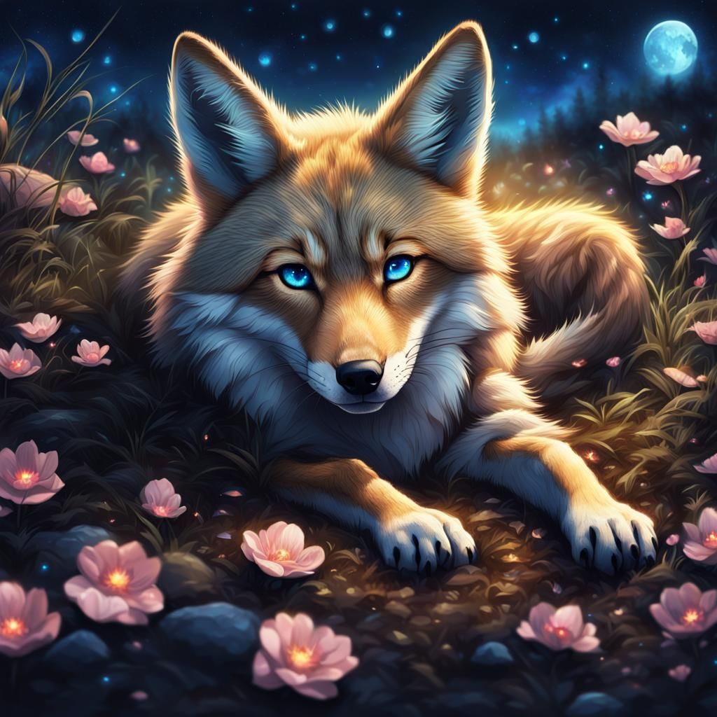 Adorable Coyote in Enchanting Sakura Night Scene