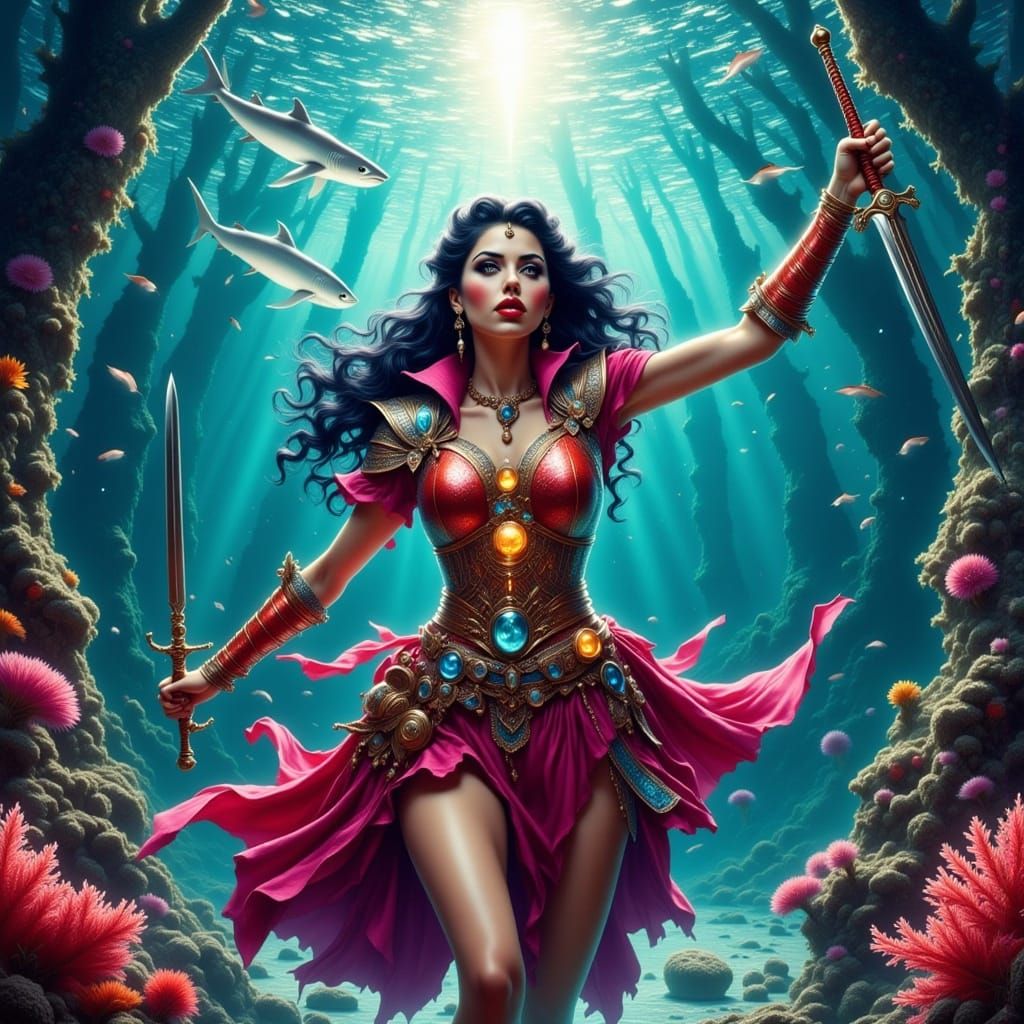 Dramatic Shark Knight in Vibrant Pulp Comic Style