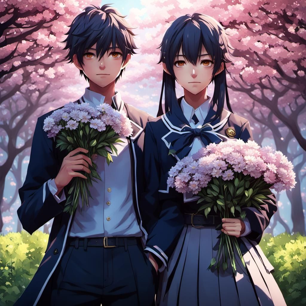 Anime Style: Boy and Girl Holding Flowers