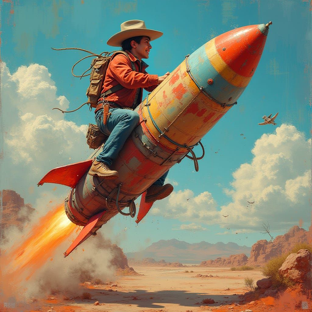 Cowboy Rides Retro Rocketship: Graffiti Art Style