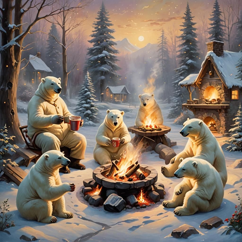 Cozy Polar Bears Enjoying Cocoa by Firelight