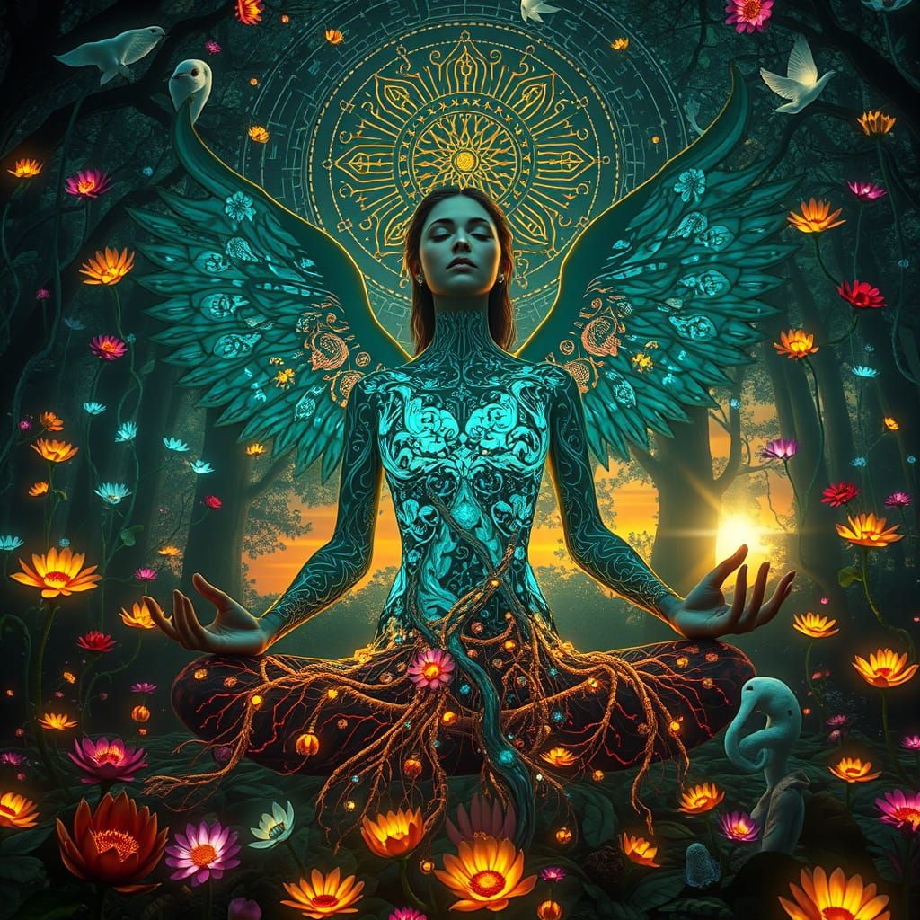 Mystical Woman Meditating in Surreal Light Labyrinth