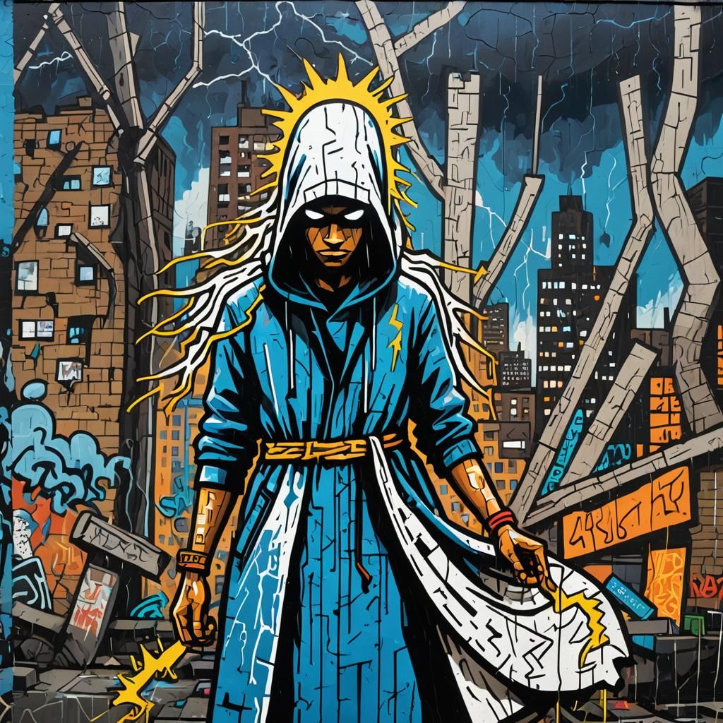 Post-Apocalyptic Hooded Figure in Street Art Style