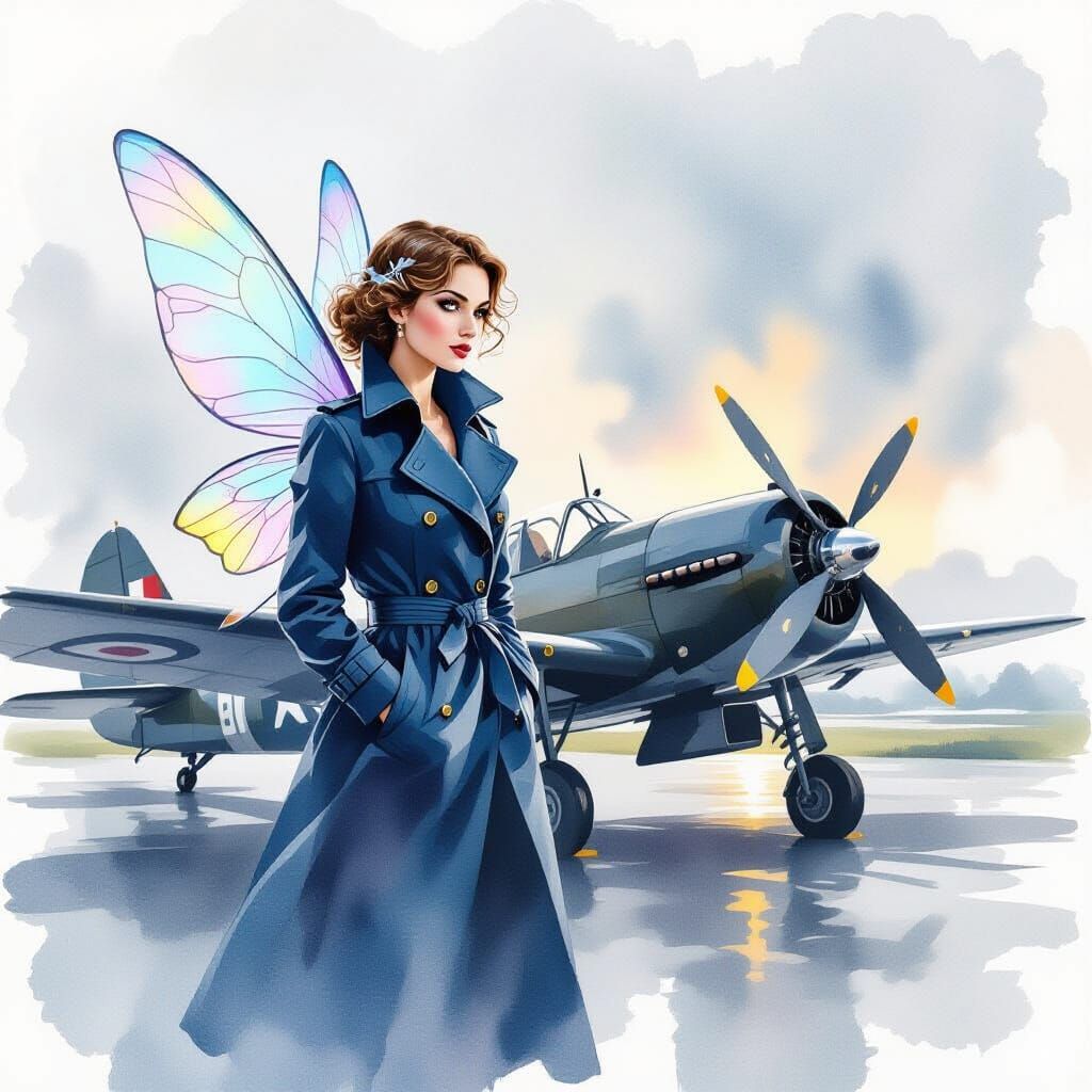 A fairy spy stands by a WWII plane, ready for a secret mission