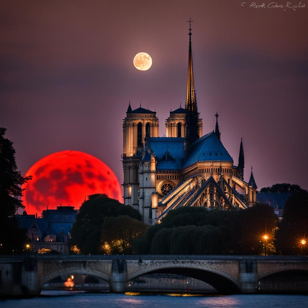 Red Moon Over Notre Dame Gargoyles: Photography