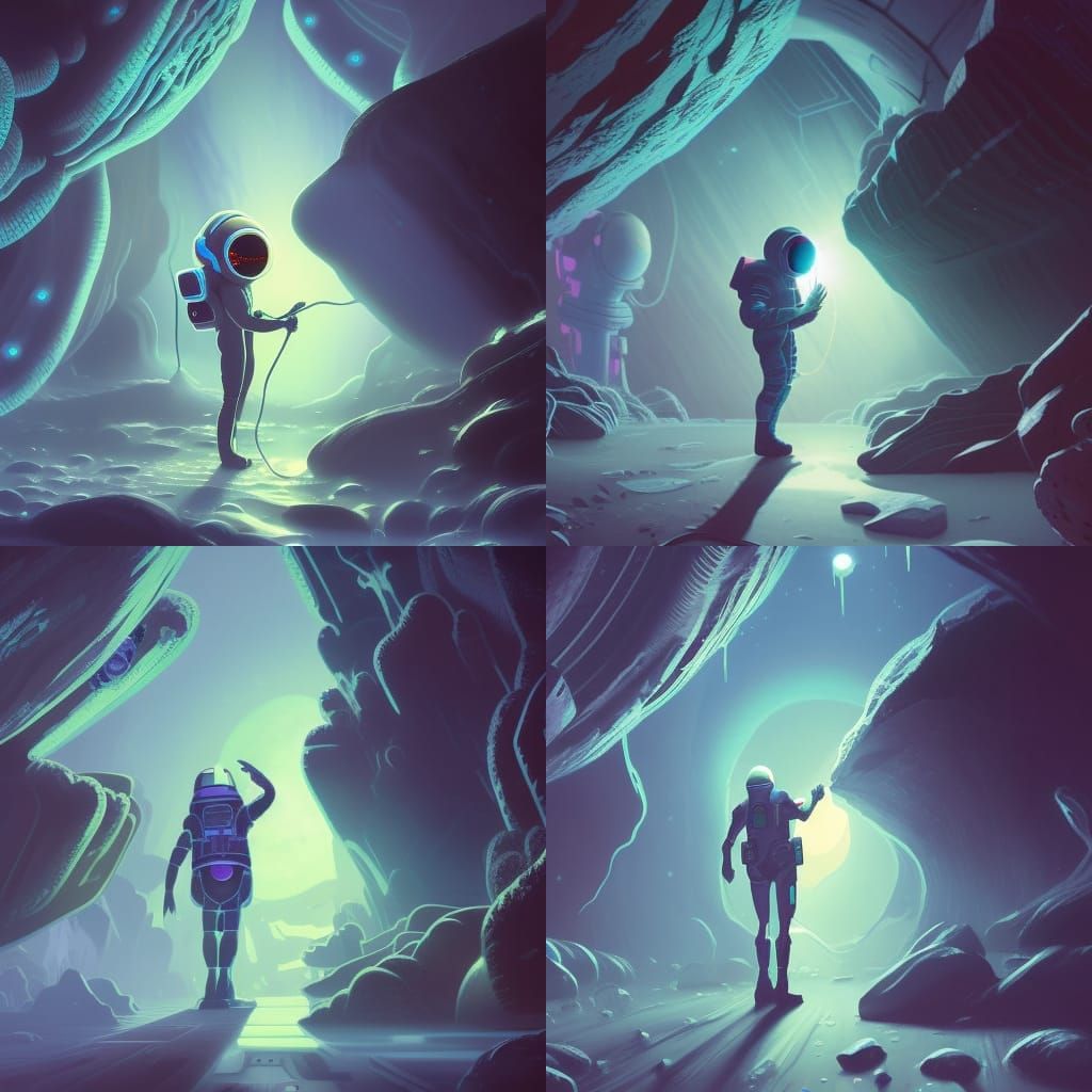 Astronaut Explores Alien Cavern in Comic Style