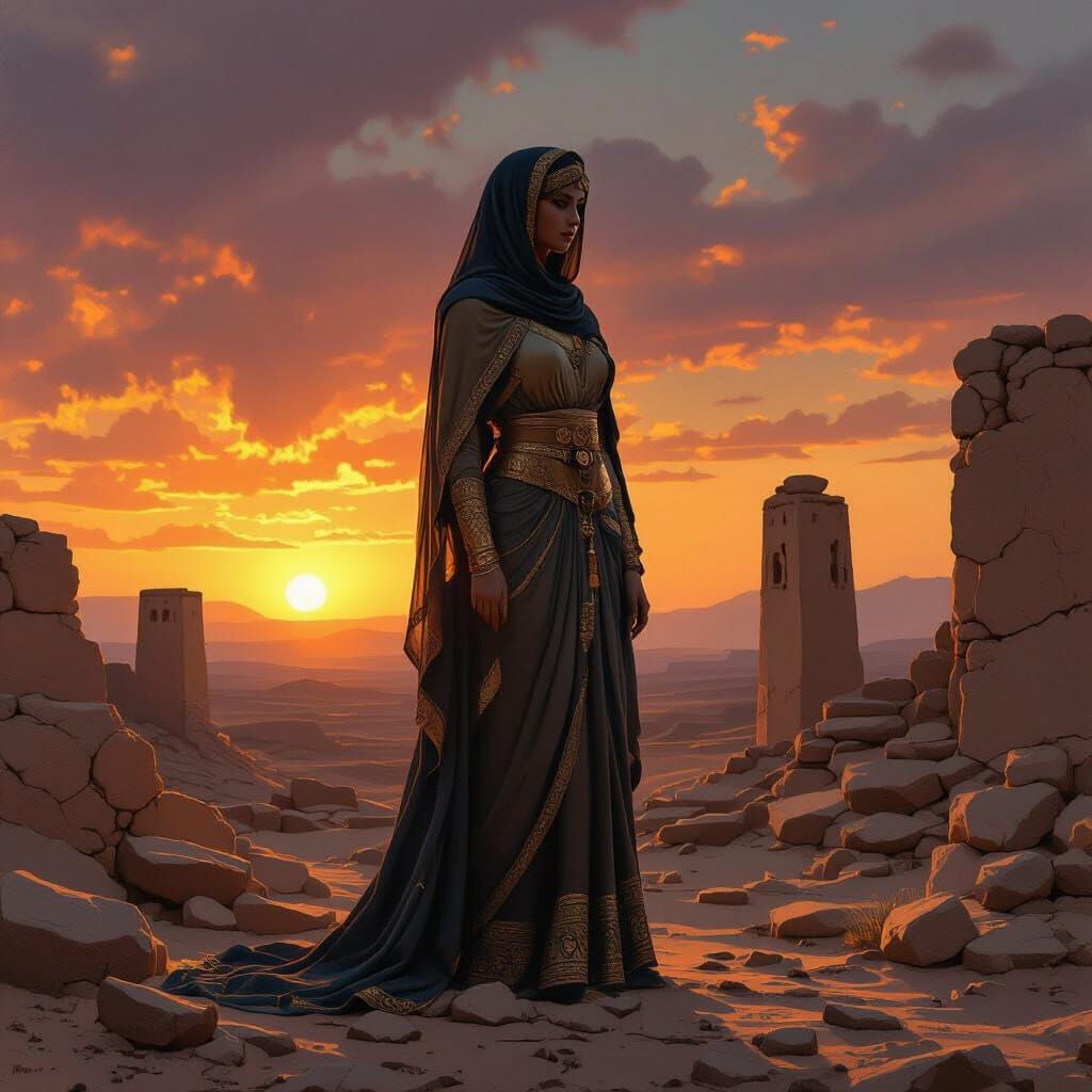 Statue of Woman in Ancient Arabian Attire at Dusk