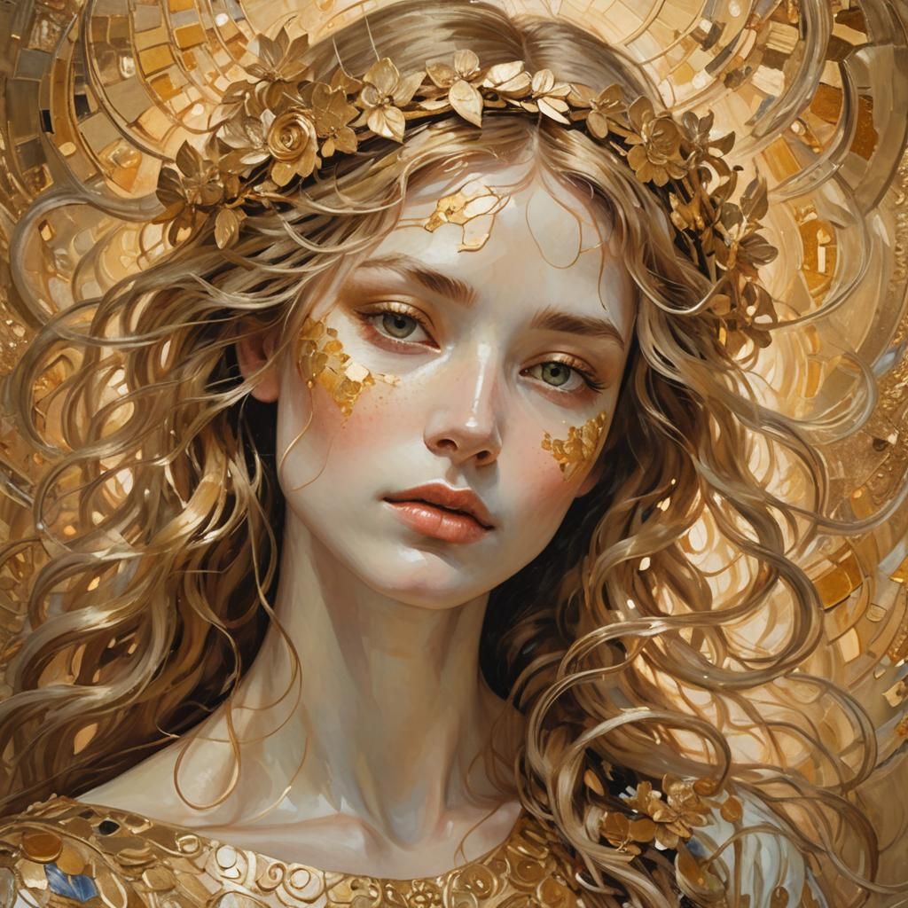 Golden Impressionistic Face with Klimt-Inspired Details