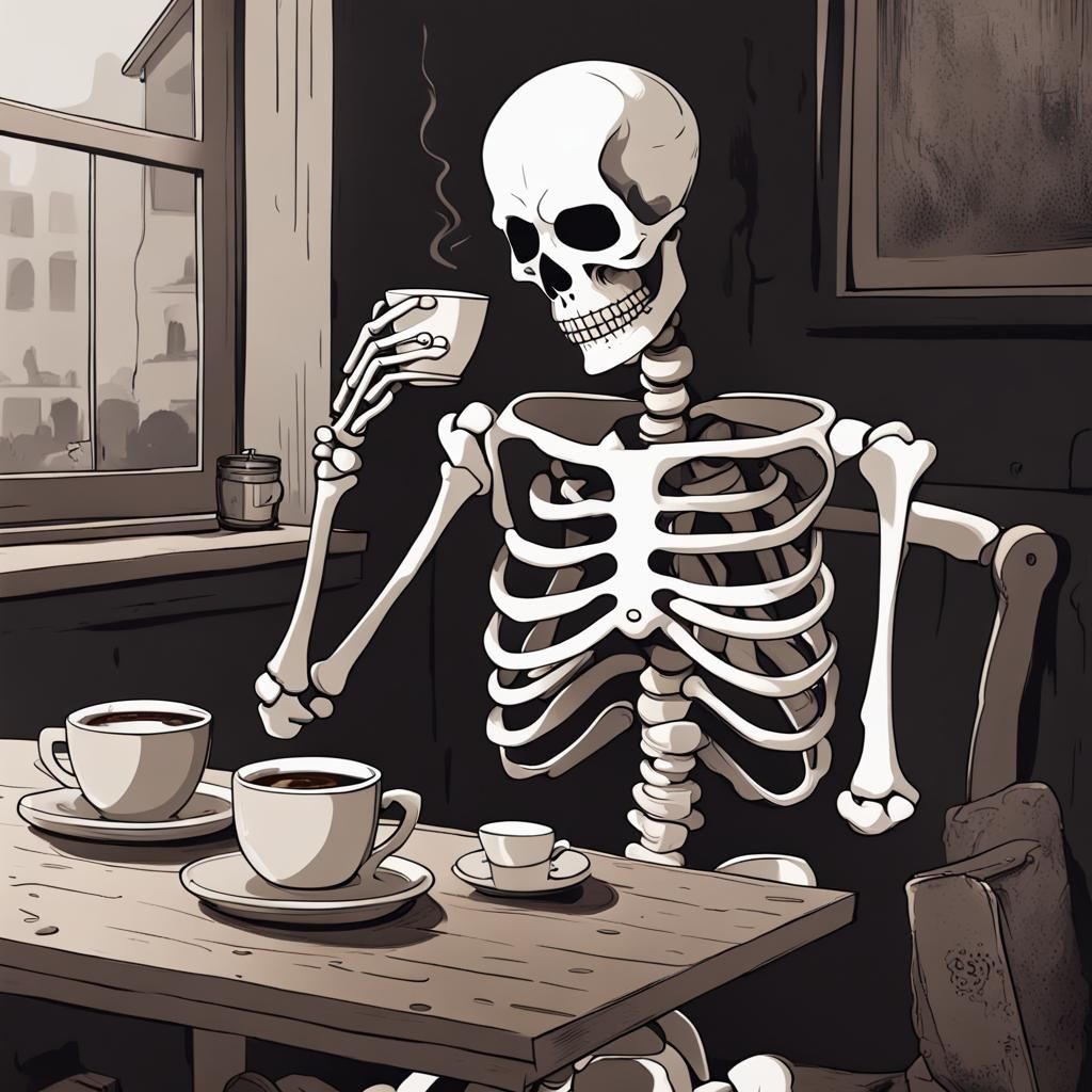 A Skeleton Enjoying Coffee