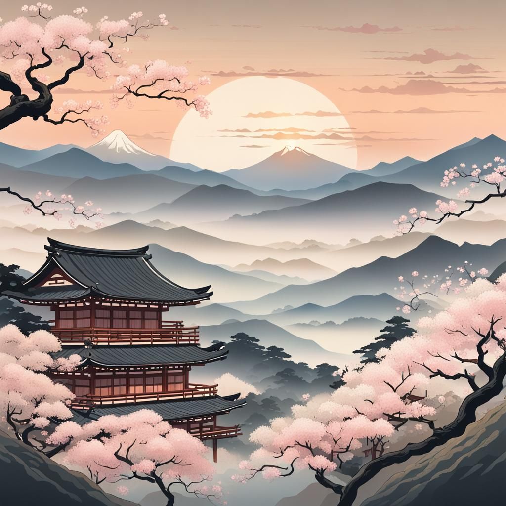 Ukiyo-e Landscape: Japanese Mountains at Sunrise