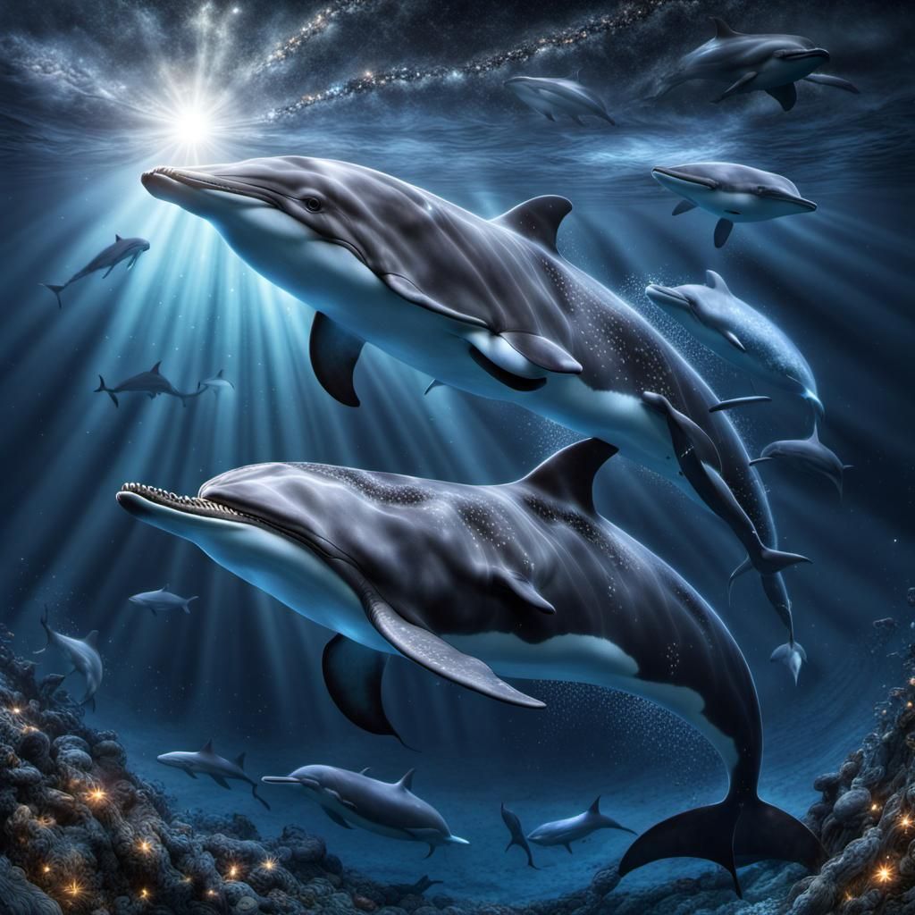 Hyperrealistic Whale and Dolphin Among Stars
