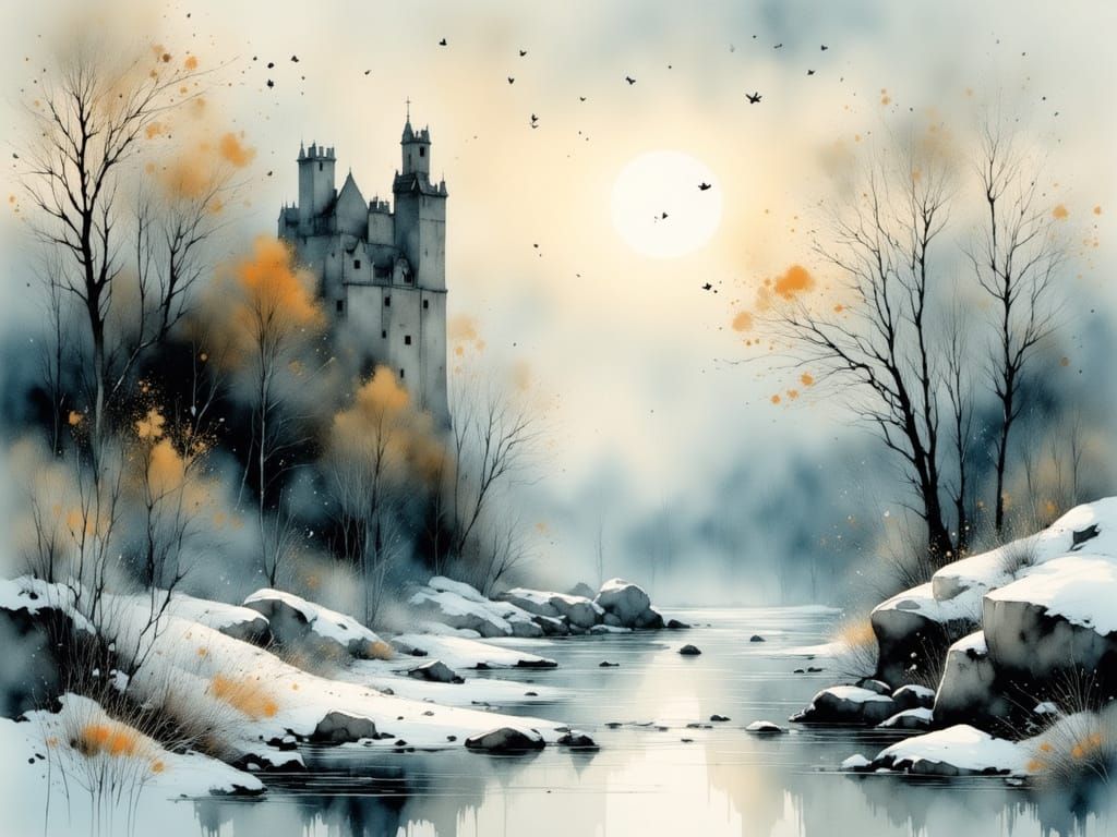 Early 20th Century-Inspired Castle Emerging from Morning Fog