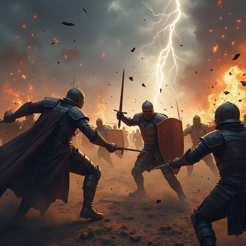 Epic Battlefield Clash in Dramatic Fantasy Art