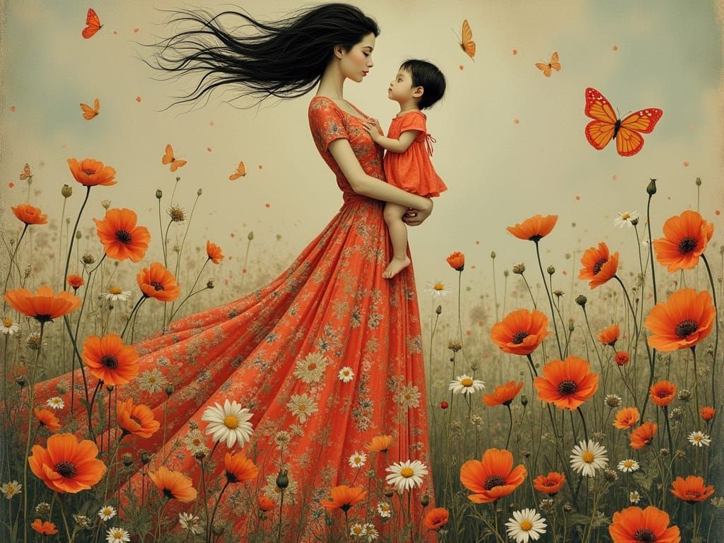 Mother and Child Amidst Vibrant Blooms in Dreamy Surrealist ...