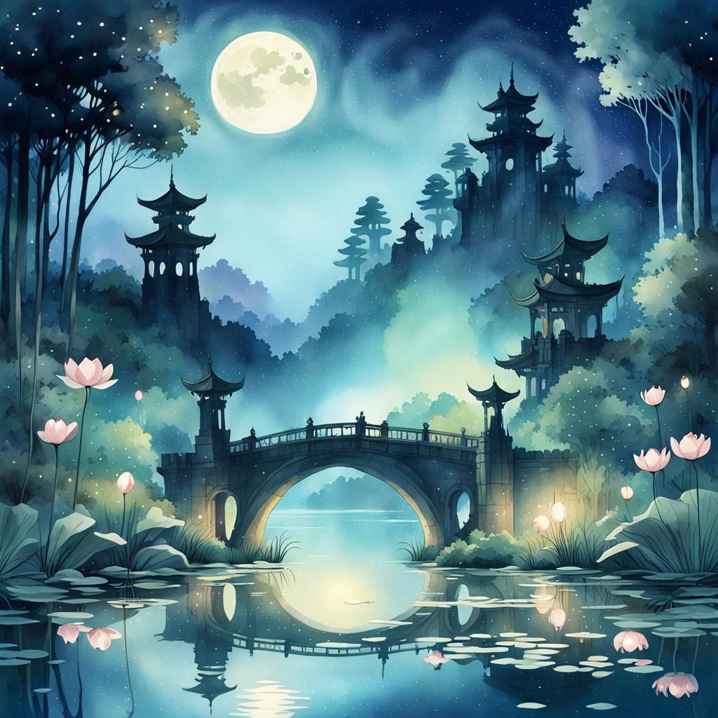 Mystical Anime Forest with Ancient Ruins and Moonlight