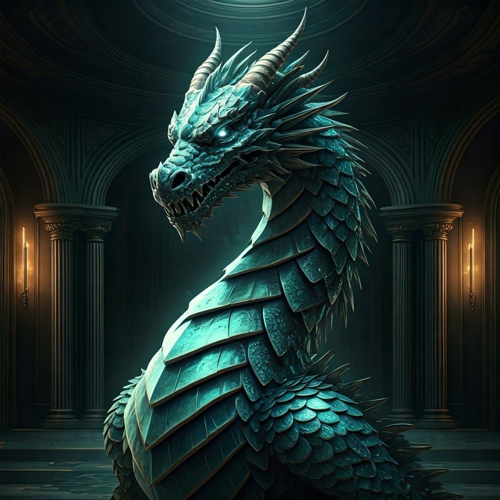 Aquamarine Metallic Golem Dragon in Classic Interior