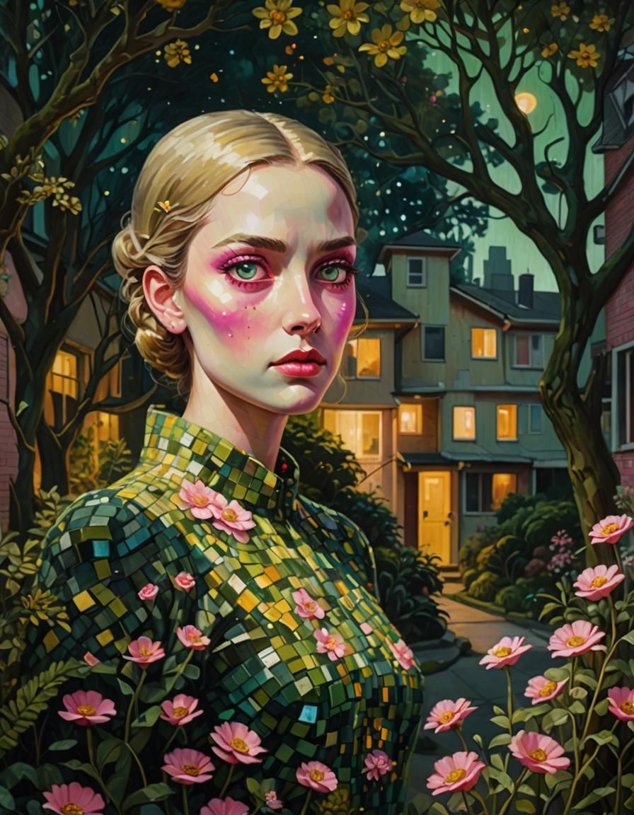 Surreal 1950s Woman Emerges from Pixelated Landscape with Gl...