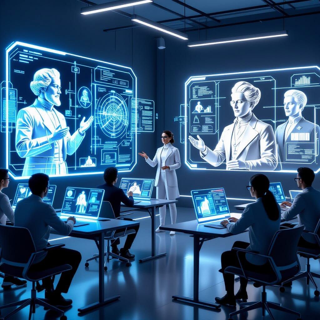 Futuristic Classroom with Holographic Historical Lectures