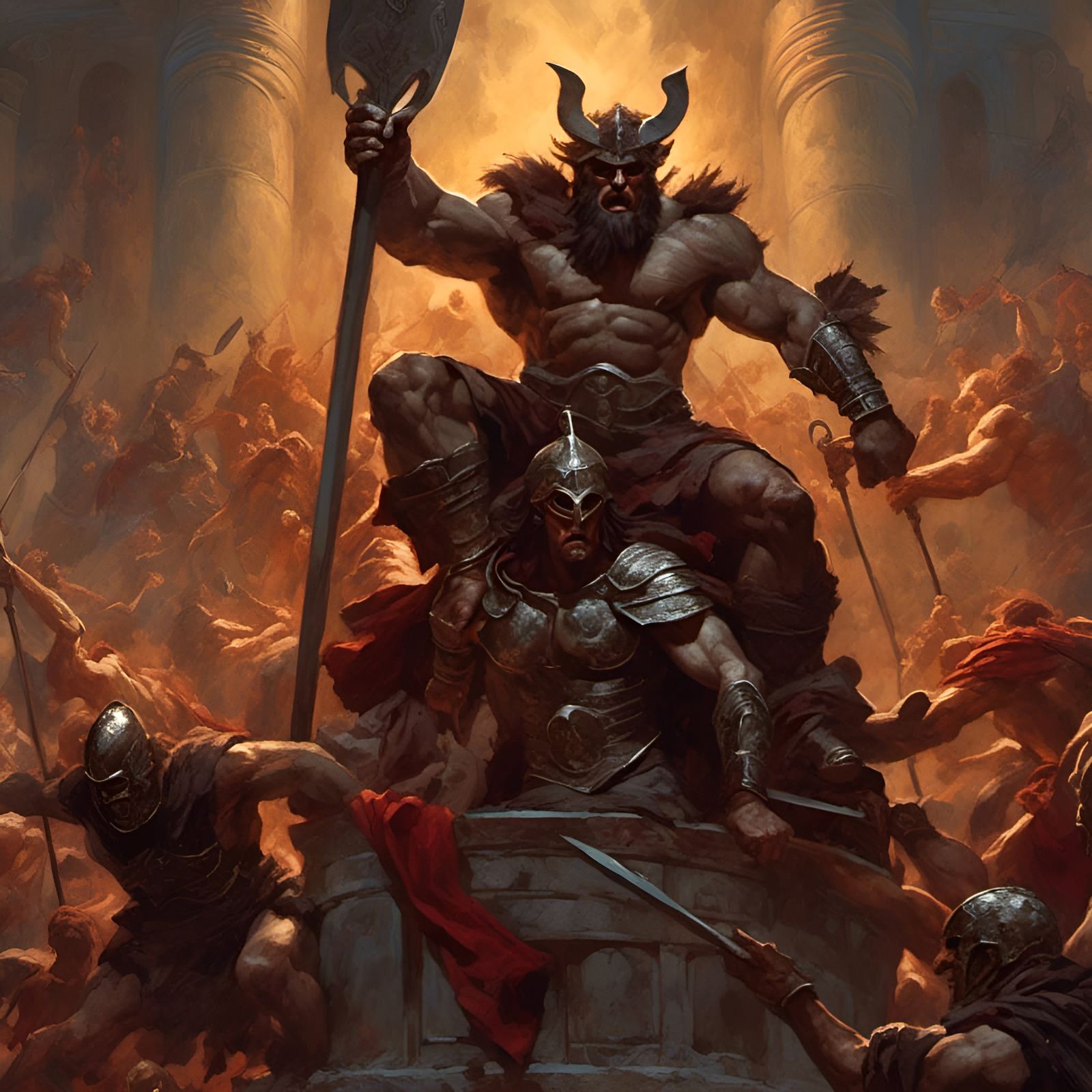 Demon Gladiator Statues in Dark Fantasy Style