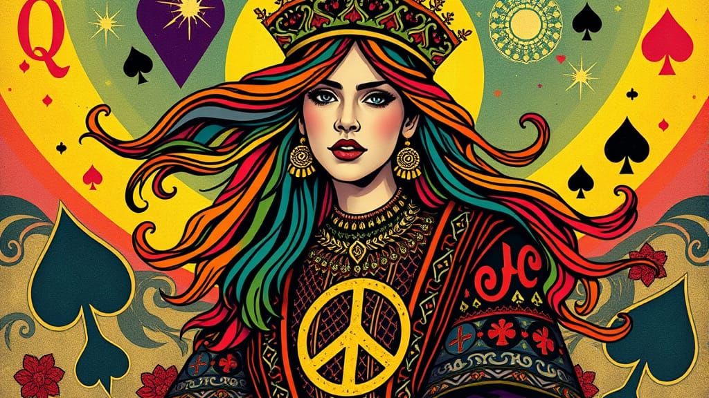 Radical Hippie Queen of Spades in Psychedelic Art Nouveau St...