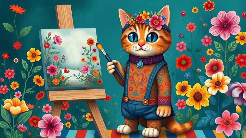 Whimsical Ukrainian Kitty in Folk-Inspired Art