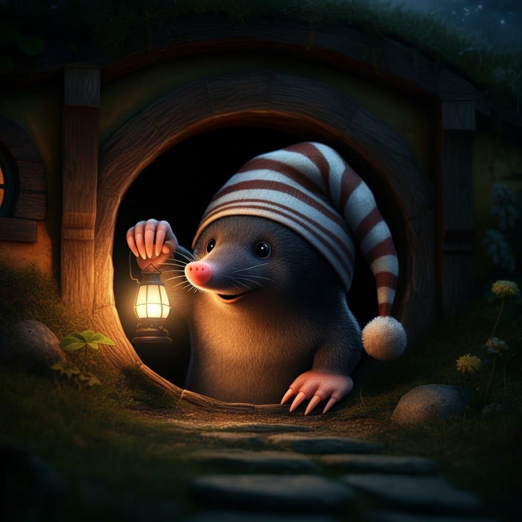 Whimsical Mole Emerges from Burrow at Night