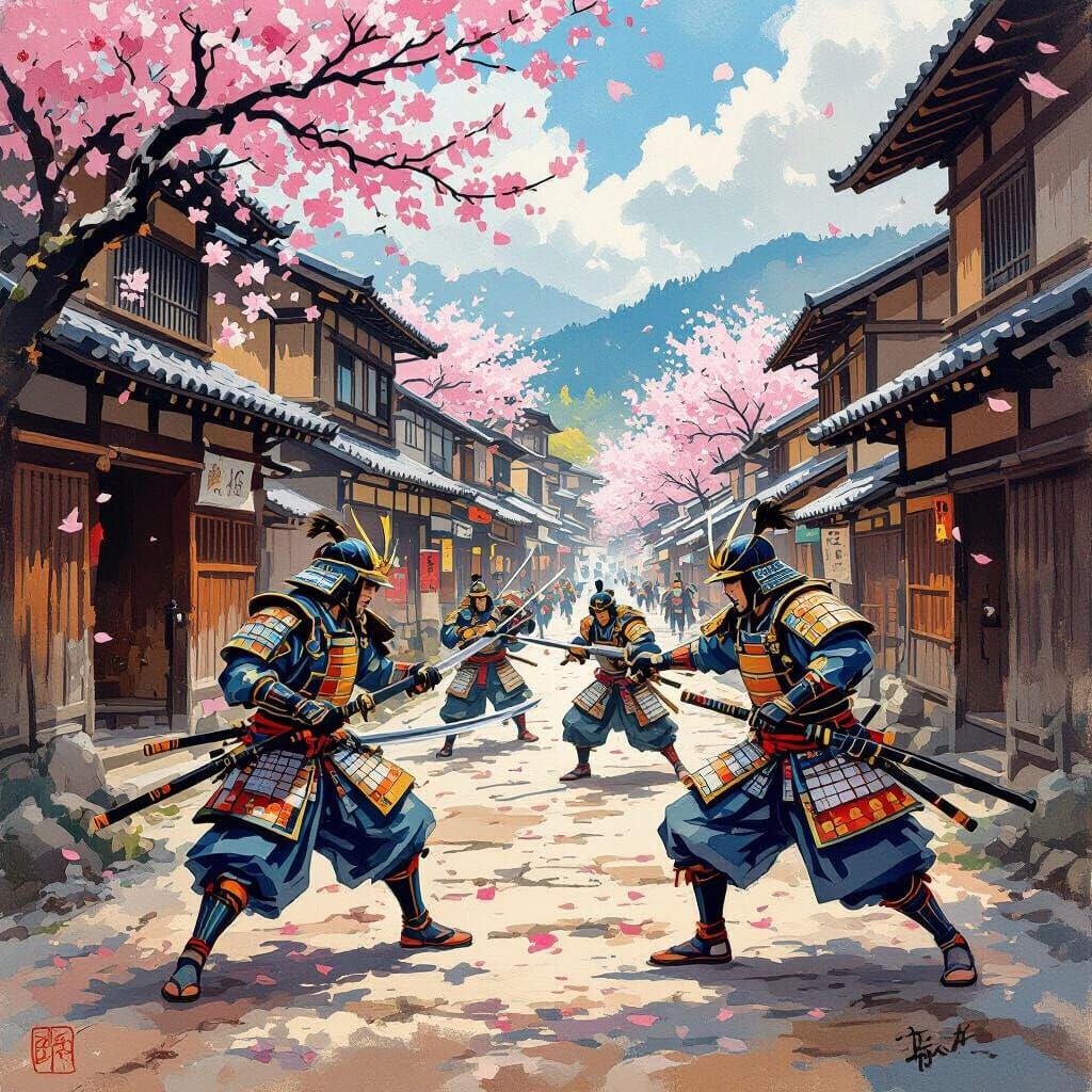 Samurai Warriors Clash in Ancient Japanese Town