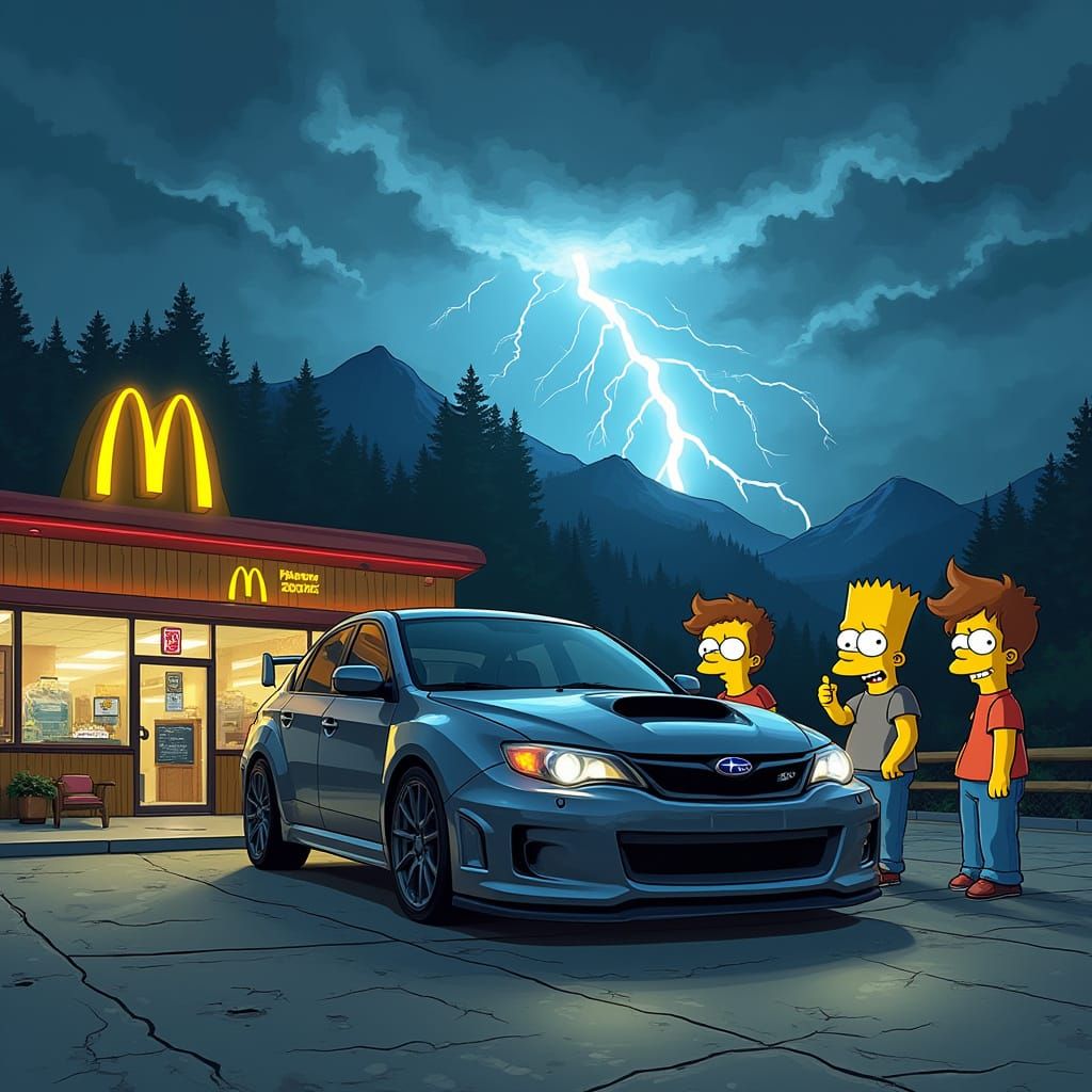 Subaru WRX Surrounded by 90s Cartoon Icons in a Lightning St...
