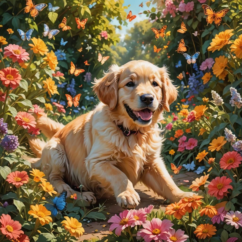 A super cute puppy dog Golden Retriever joyfully playing in a sunlit garden on a warm summer day, frolicking among vibra...