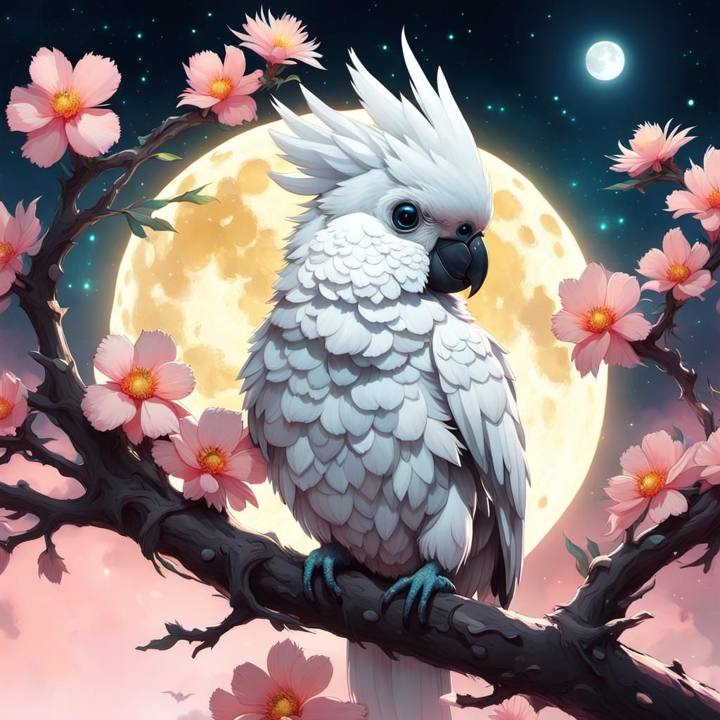 Chibi Cockatoo Constellation on Bioluminescent Flowers