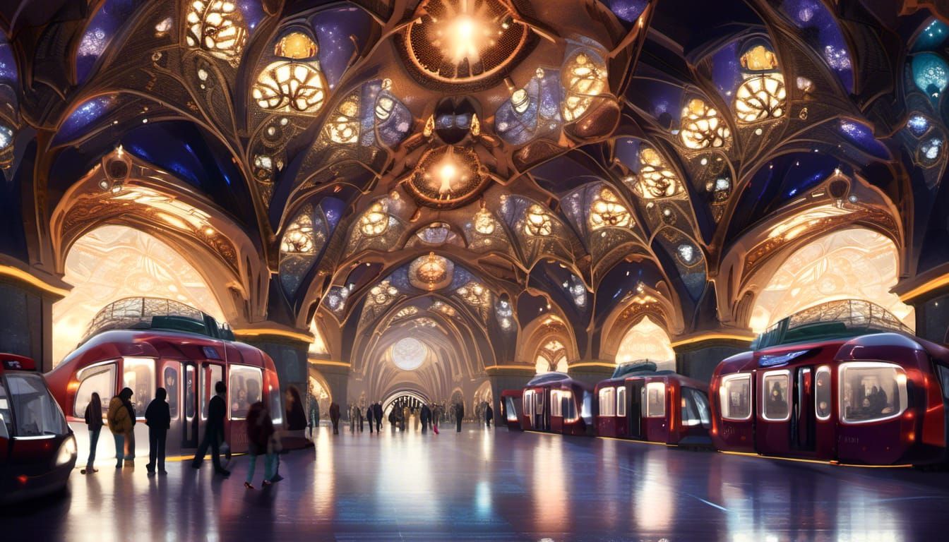 Fantasy Underground Railway Station with Ornate Trains