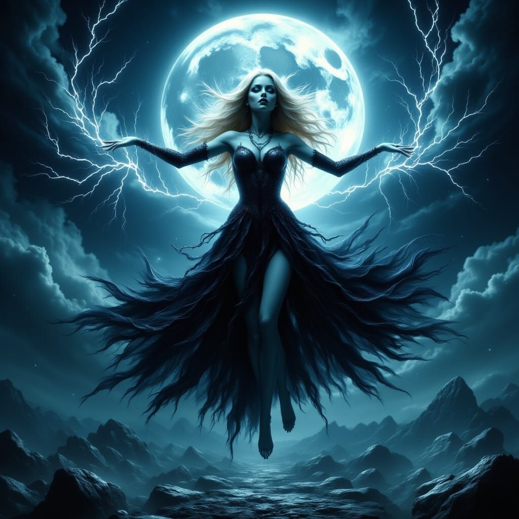 Powerful Witch Floats Under Full Moon
