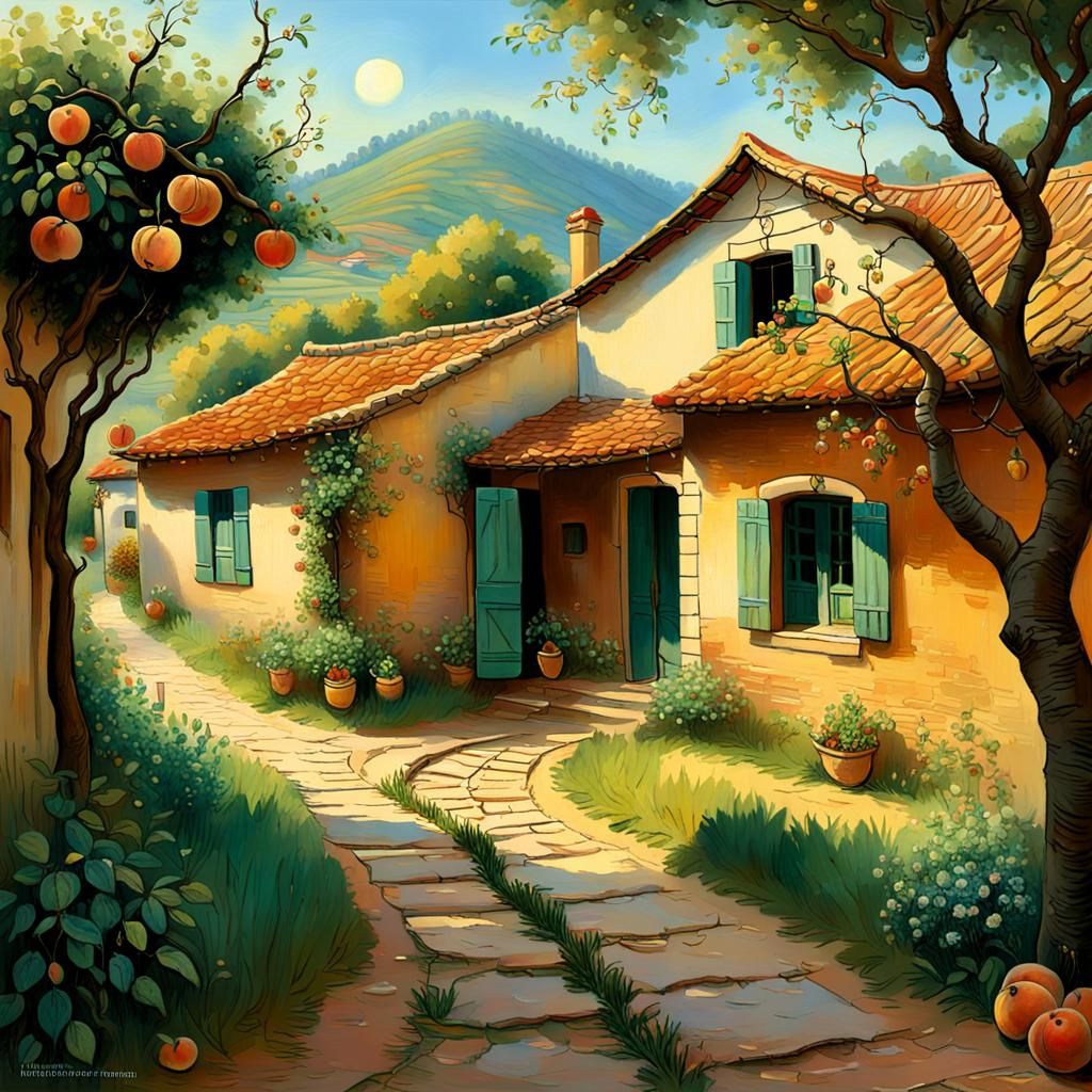 Sunlit Village House in Impressionistic Style