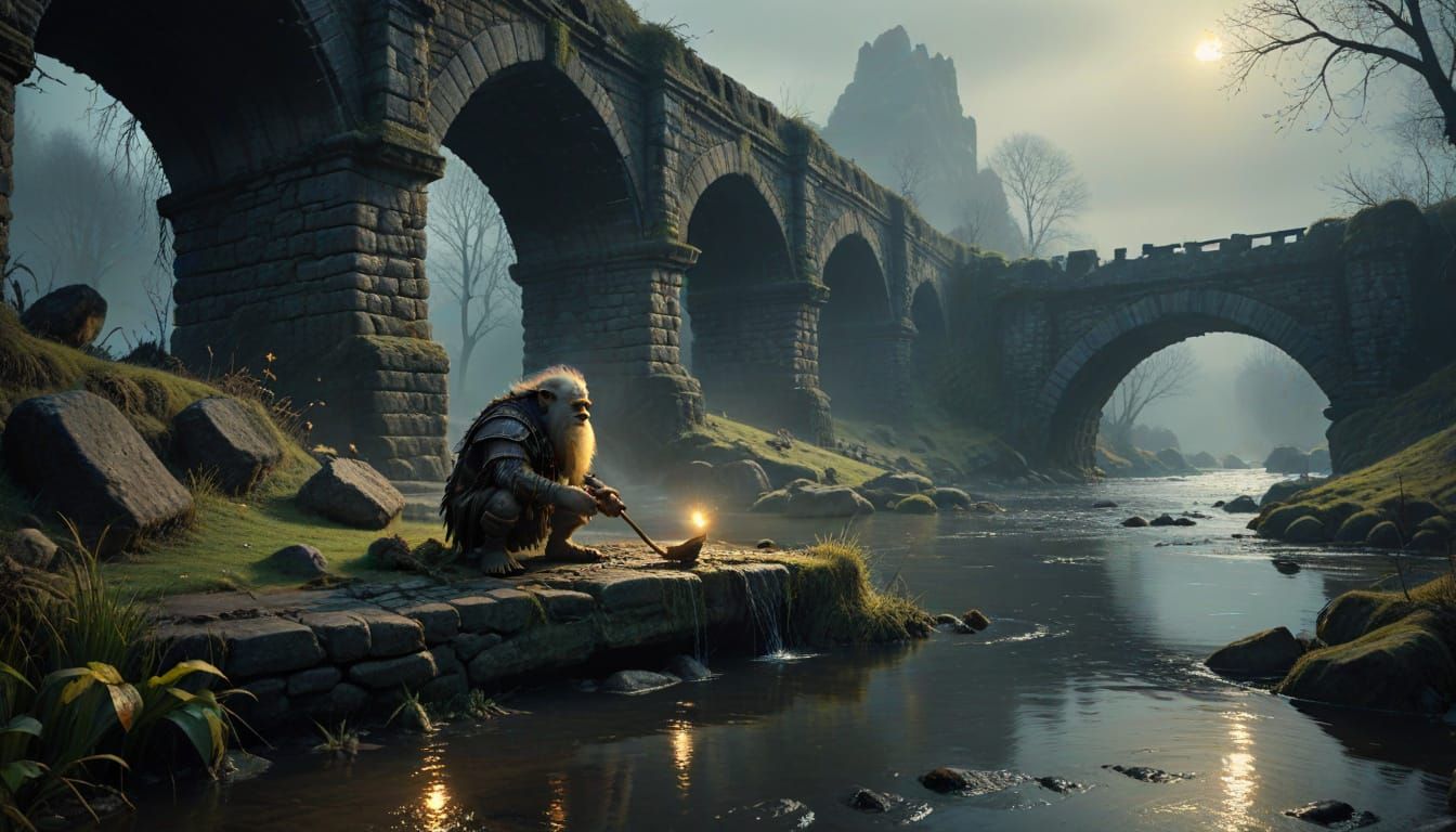 Troll Feeds Ducks Under Ancient Stone Bridge