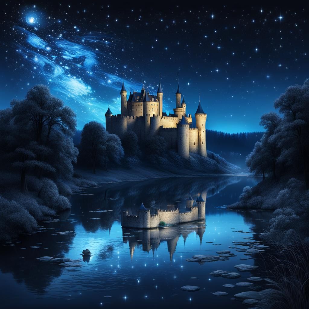 Fantasy Castle Under Starry Night Sky