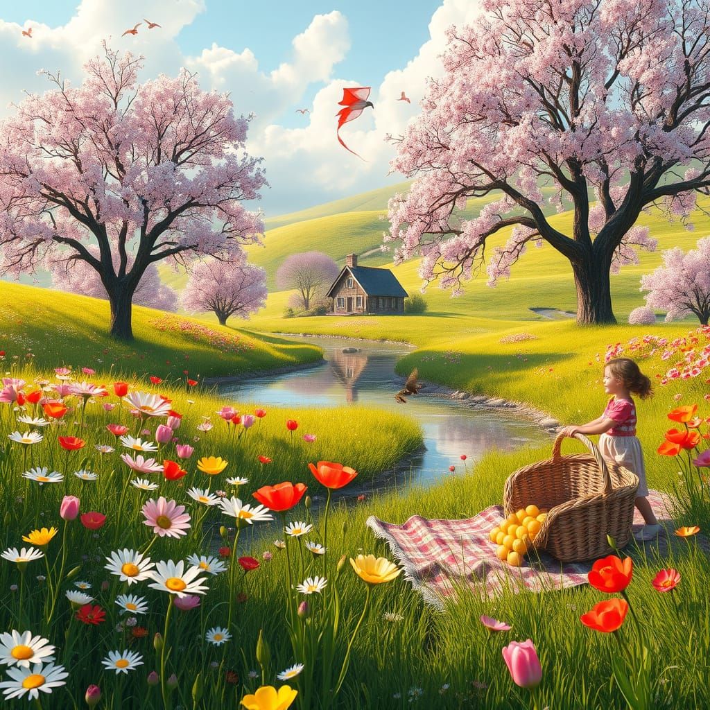 Surreal Spring Meadow Blooms in Whimsical Wonder