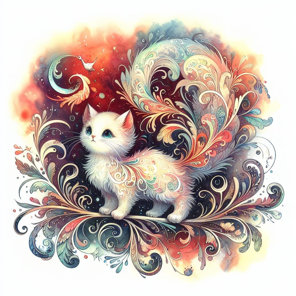 Charming Watercolor Cat Illustration: A Whimsical Feline