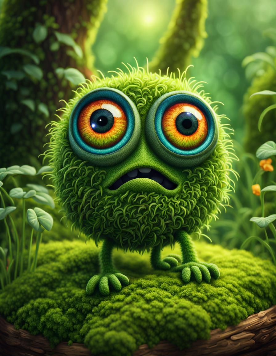 Cartoon Moss Creature Gardening: Digital Illustration